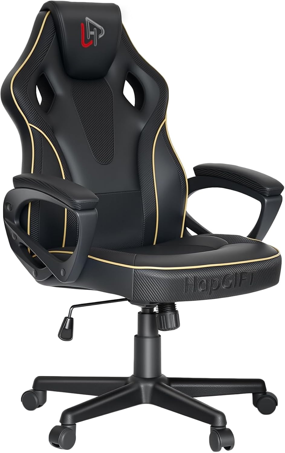 Video Gaming & Esports Usd Acc - HapGIFT ゲーミングチェア。人間工学に基づいたデザインで、リンク式のアームレストを備えたコンピューターゲーミングチェア。大人やティーンエイジャー向けのPUレザー製ビデオゲームチェア。高さ調節可能なレーシングスタイルのPCチェアで、ご家庭での使用に最適。耐荷重300ポンド（ブラック）。