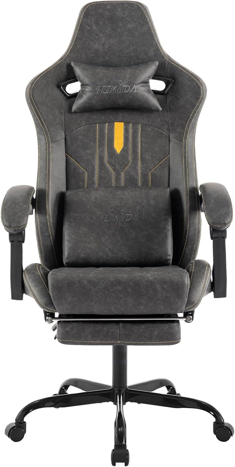 Video Gaming & Esports Usd Acc - フットレスト付きゲーミングチェア、人間工学に基づいたコンピューターチェア、マッサージ機能付きランバーサポートクッション、レーシングビデオゲームチェア、調整可能なロッキング機能付きリクライニングチェア、エグゼクティブオフィスデスクチェア、大人用、PUレザー、グレー。